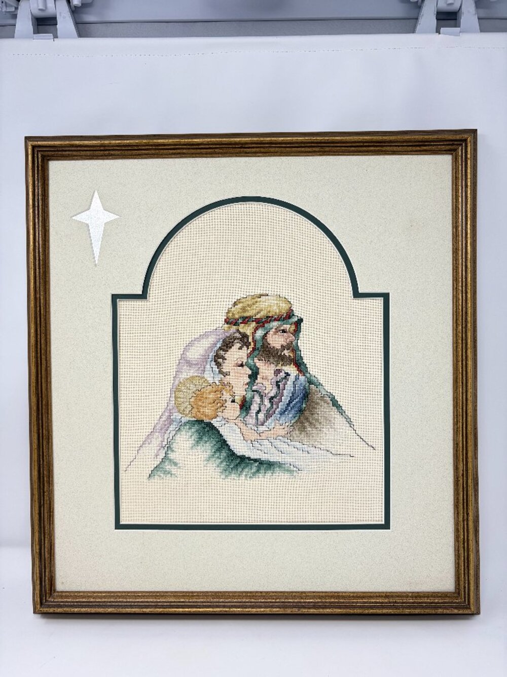 Vtg Holy Family Completed Cross Stitch Needlework Matte Framed Mary Joseph Jesus